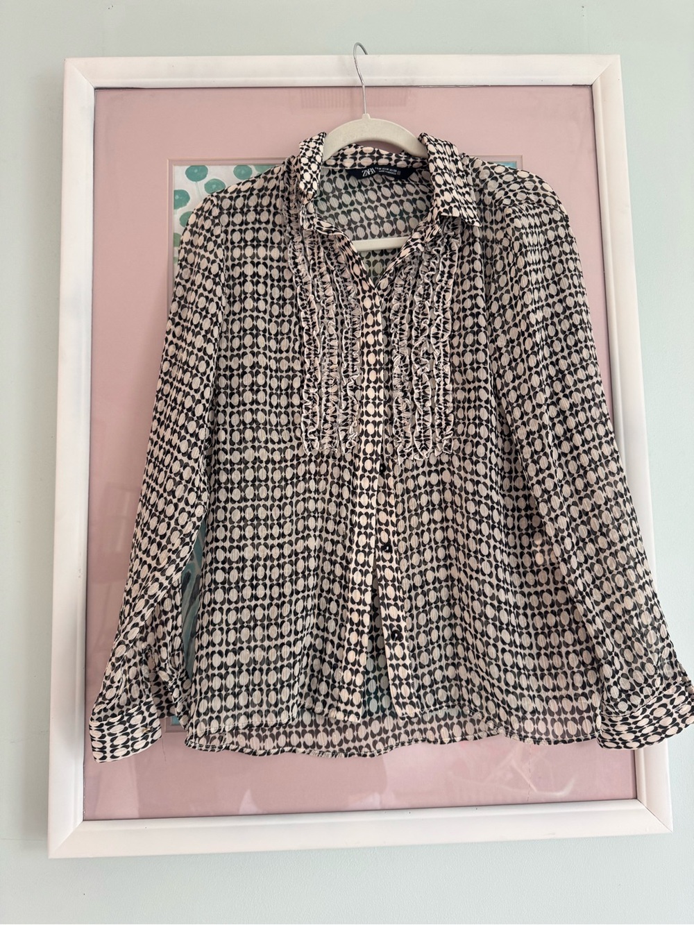 Zara Black and White Geometric Ruffle Button-Down Blouse